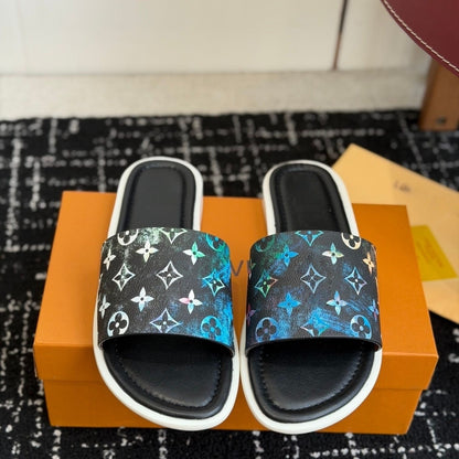 Colorful Logo Print Coated Canvas Slide Sandals