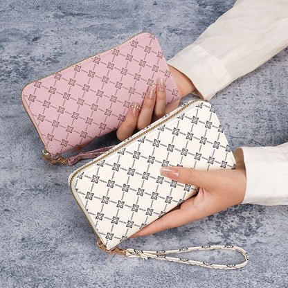 Four-leaf clover diamond-pattern zippered long wristband wallet