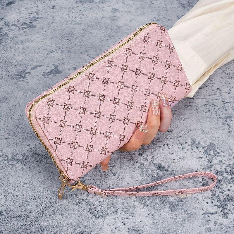 Four-leaf clover diamond-pattern zippered long wristband wallet