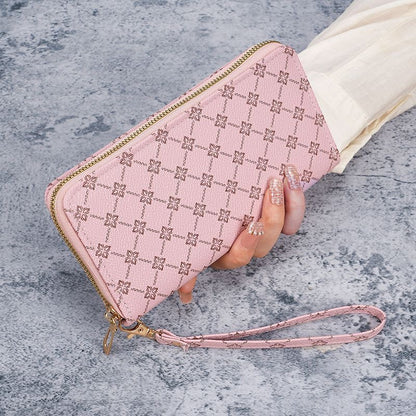 Four-leaf clover diamond-pattern zippered long wristband wallet