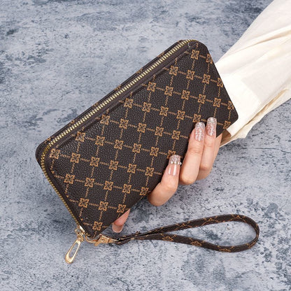 Four-leaf clover diamond-pattern zippered long wristband wallet