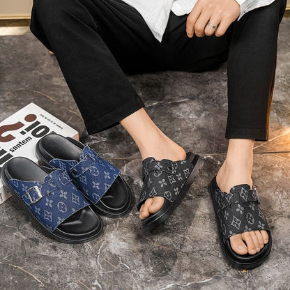 Vintage Jacquard Denim Buckle Platform Slide Sandals