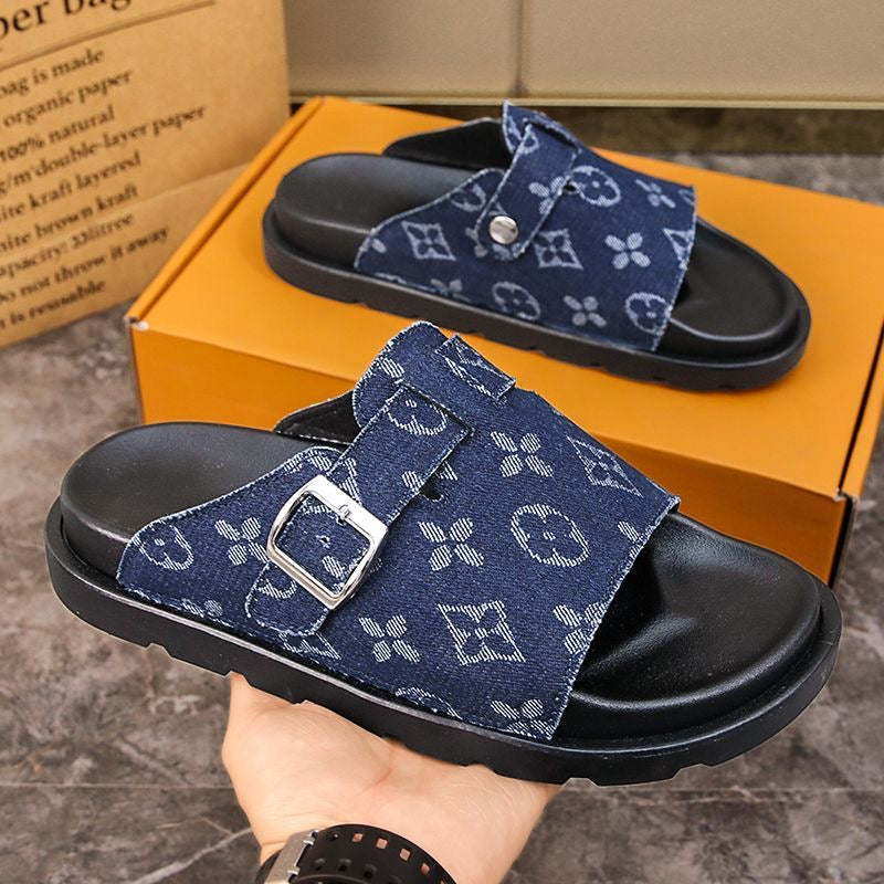 Vintage Jacquard Denim Buckle Platform Slide Sandals