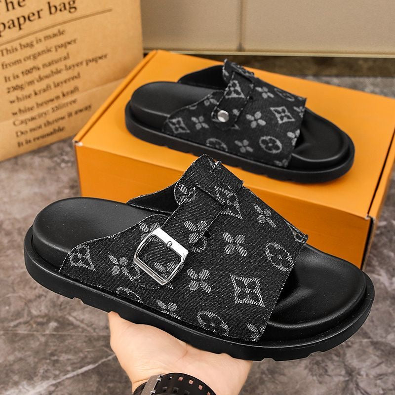 Vintage Jacquard Denim Buckle Platform Slide Sandals