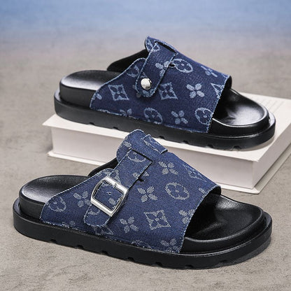 Vintage Jacquard Denim Buckle Platform Slide Sandals