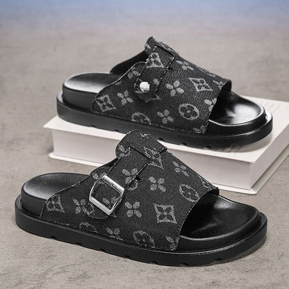Vintage Jacquard Denim Buckle Platform Slide Sandals