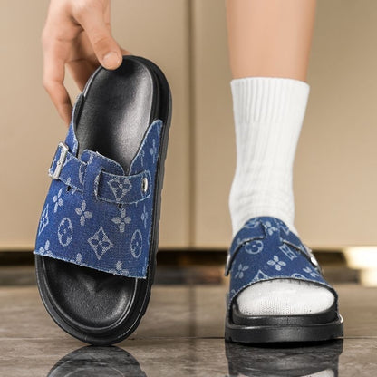 Vintage Jacquard Denim Buckle Platform Slide Sandals