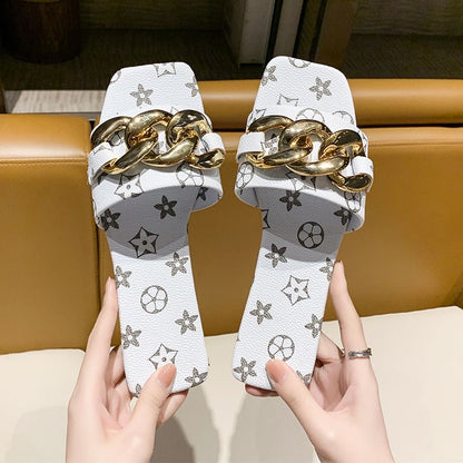 Vintage All-Over Print Chunky Gold Chain Square Toe Slide Sandals