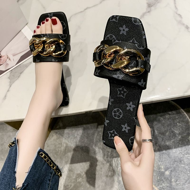 Vintage All-Over Print Chunky Gold Chain Square Toe Slide Sandals