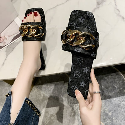 Vintage All-Over Print Chunky Gold Chain Square Toe Slide Sandals