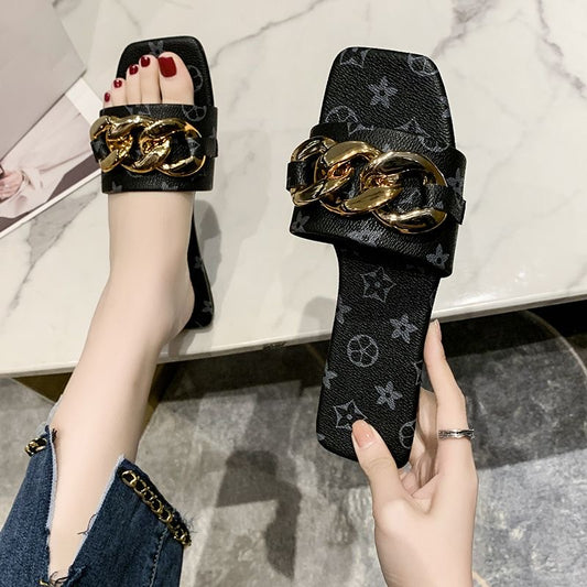 Vintage All-Over Print Chunky Gold Chain Square Toe Slide Sandals