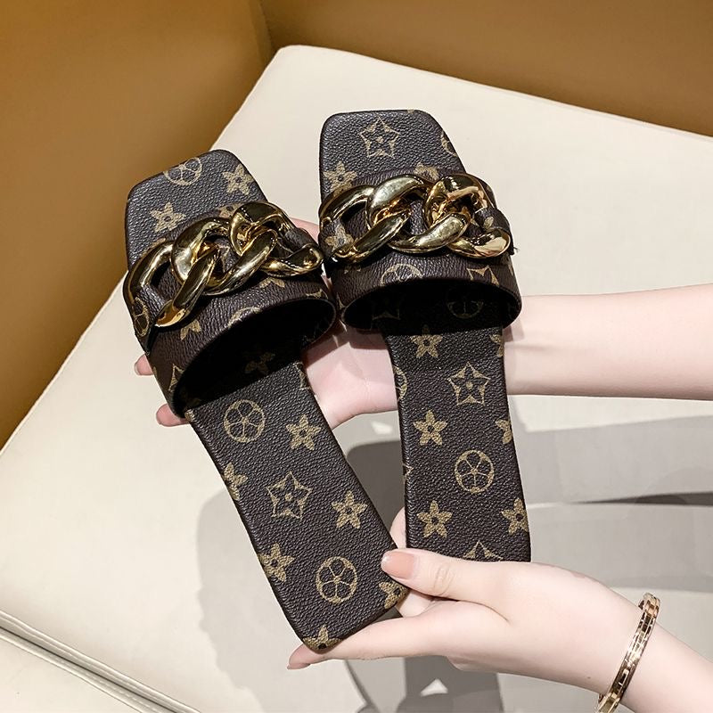 Vintage All-Over Print Chunky Gold Chain Square Toe Slide Sandals