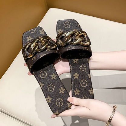 Vintage All-Over Print Chunky Gold Chain Square Toe Slide Sandals