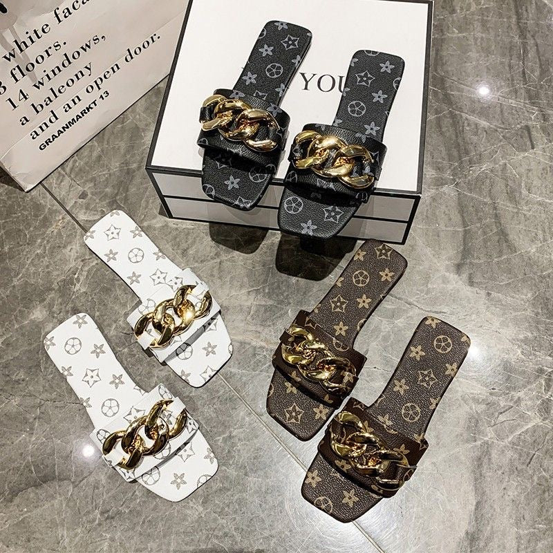 Vintage All-Over Print Chunky Gold Chain Square Toe Slide Sandals