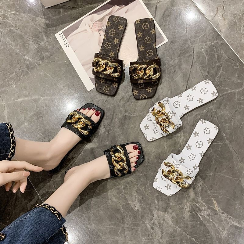 Vintage All-Over Print Chunky Gold Chain Square Toe Slide Sandals