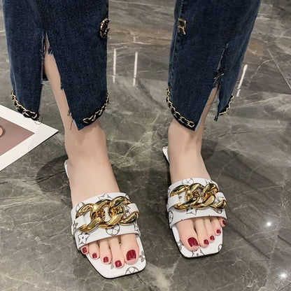 Vintage All-Over Print Chunky Gold Chain Square Toe Slide Sandals