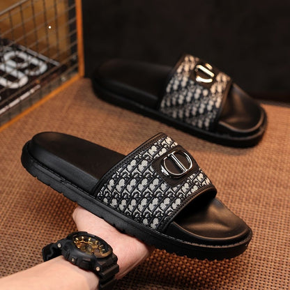 Vintage Jacquard Metal Buckle Platform Men Slide Sandals