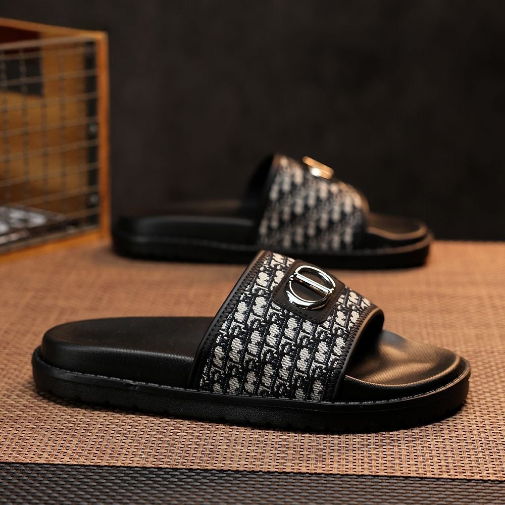 Vintage Jacquard Metal Buckle Platform Men Slide Sandals