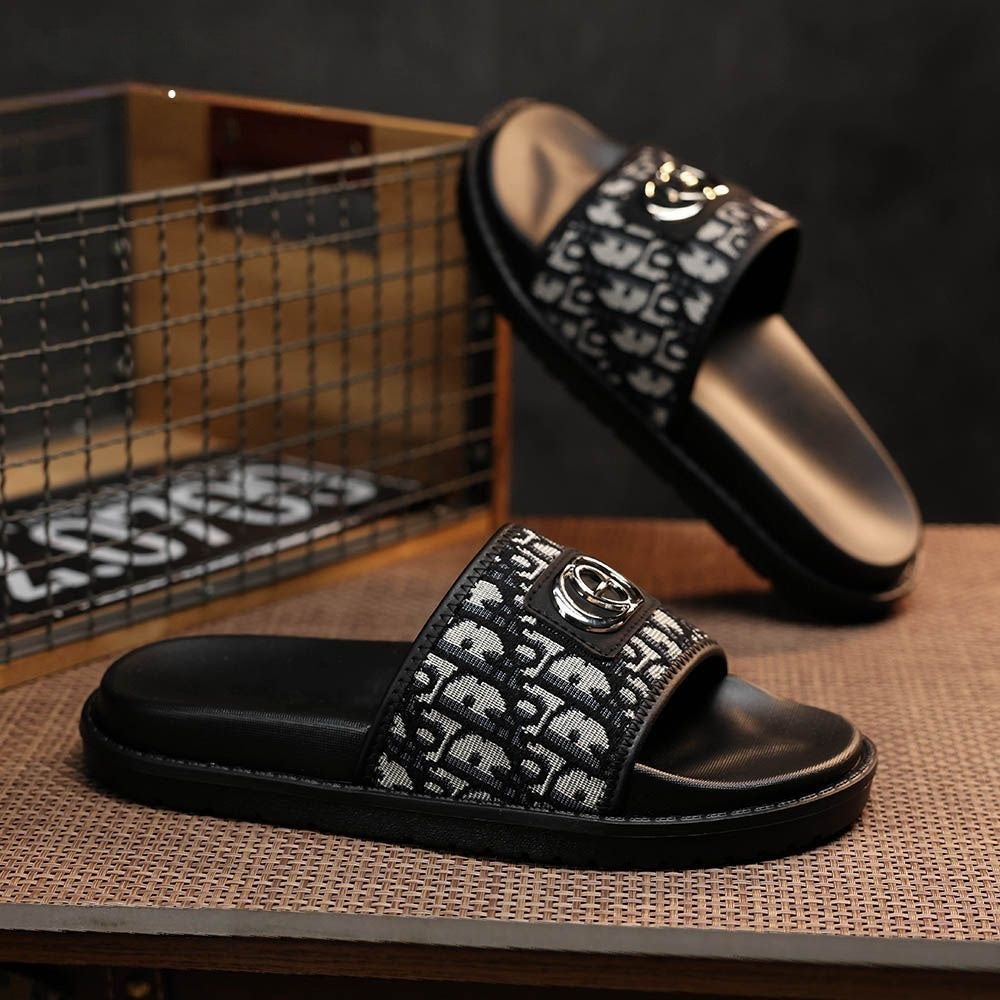 Vintage Jacquard Metal Buckle Platform Men Slide Sandals