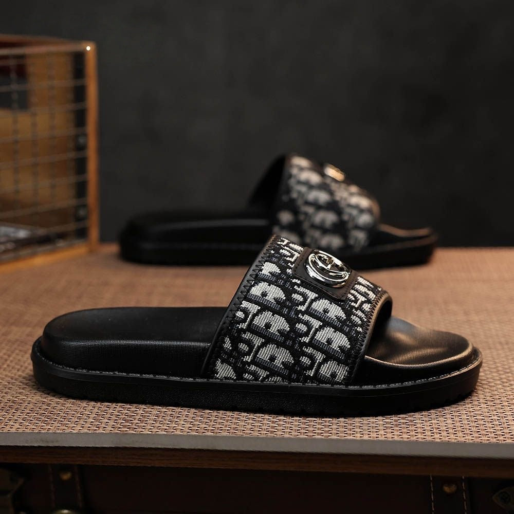 Vintage Jacquard Metal Buckle Platform Men Slide Sandals