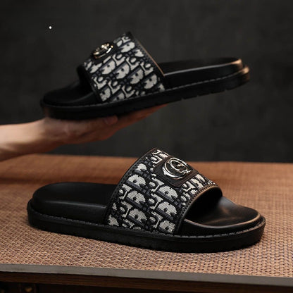 Vintage Jacquard Metal Buckle Platform Men Slide Sandals