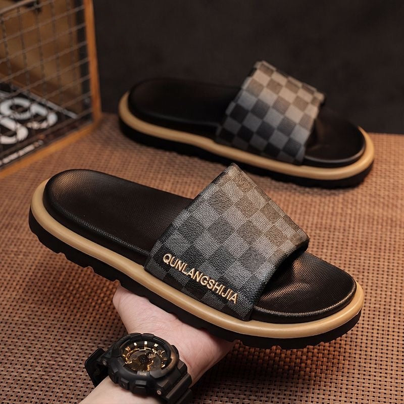 Plaid Color Block Platform Men's Slide Sandals