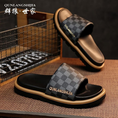 Plaid Color Block Platform Men's Slide Sandals