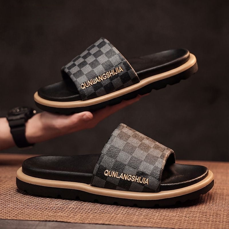 Plaid Color Block Platform Men's Slide Sandals