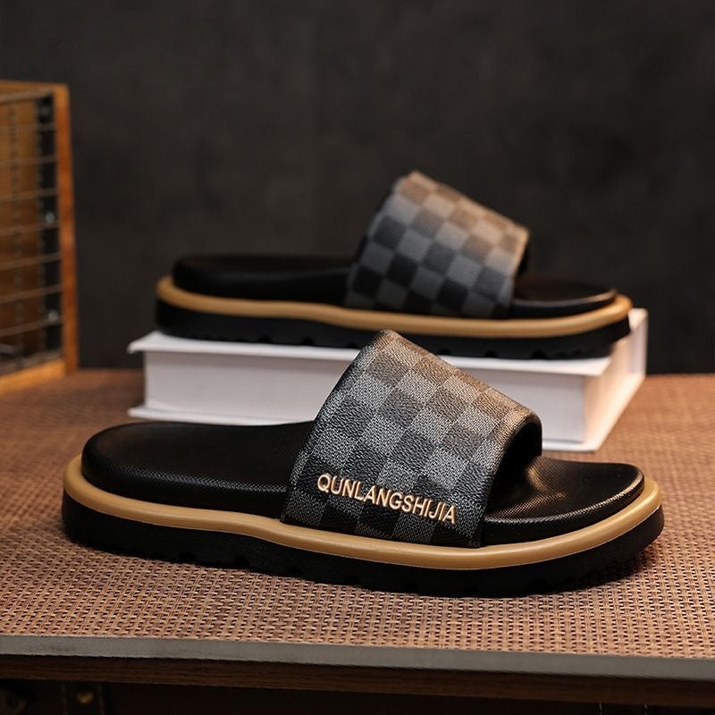 Plaid Color Block Platform Men's Slide Sandals