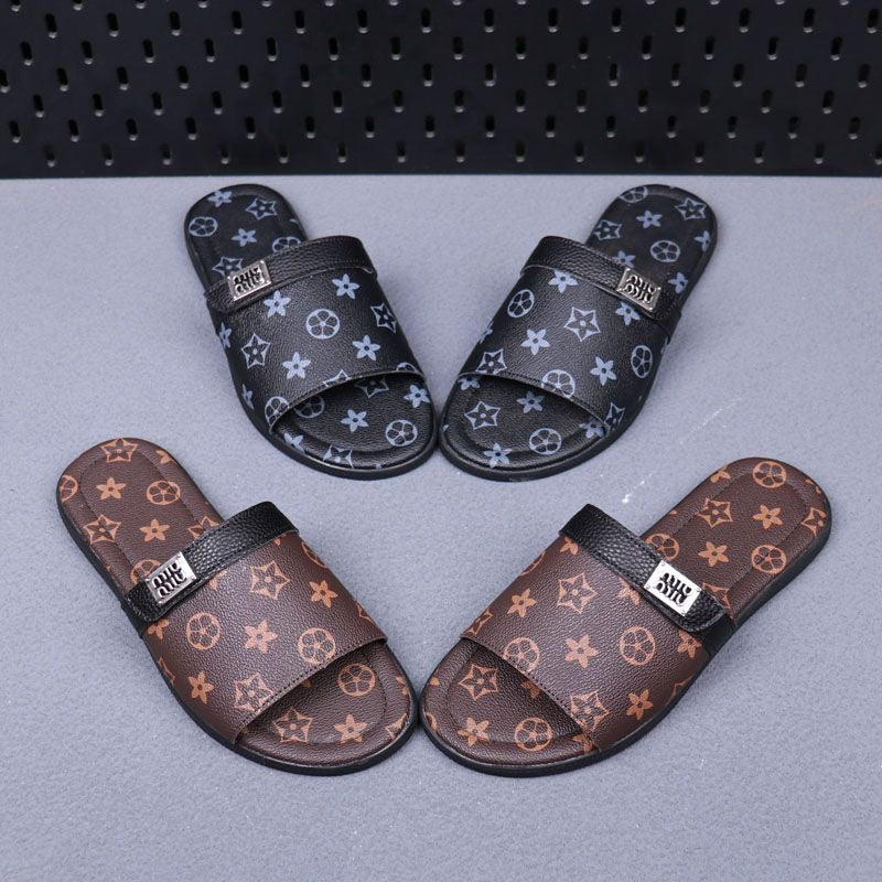 Vintage All-over Print Metal Logo Flat Slide Sandals