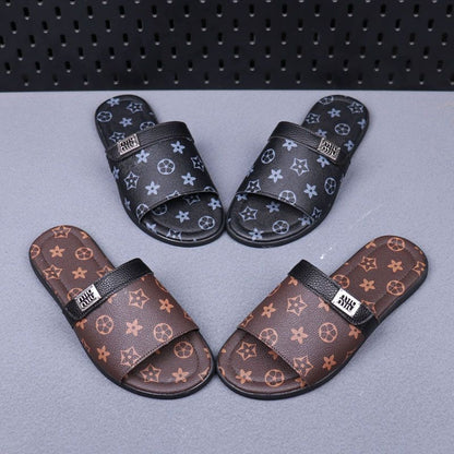 Vintage All-over Print Metal Logo Flat Slide Sandals