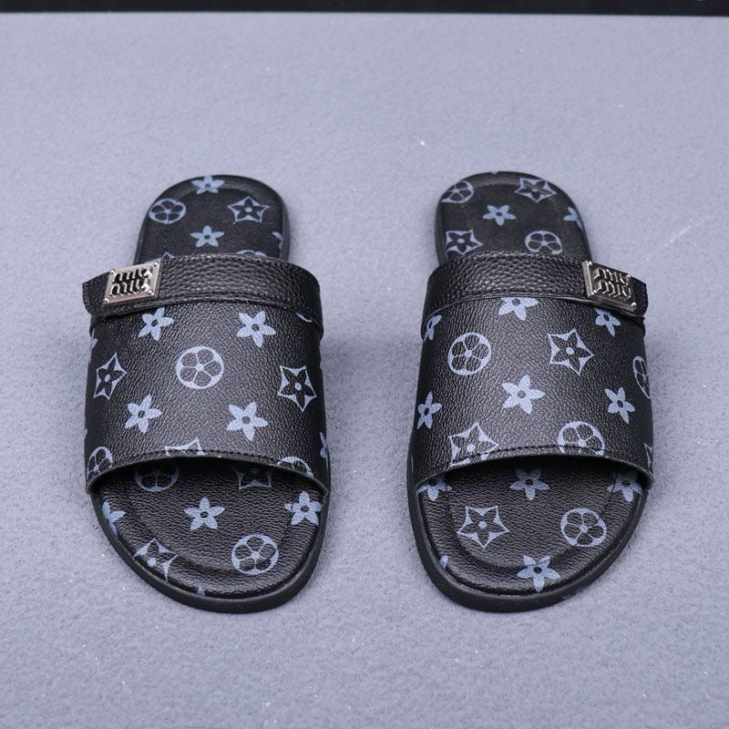 Vintage All-over Print Metal Logo Flat Slide Sandals