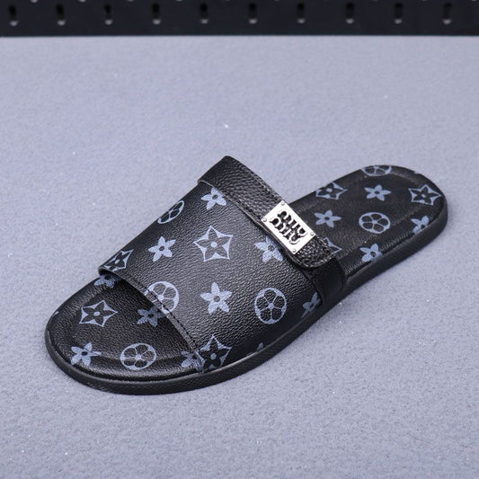 Vintage All-over Print Metal Logo Flat Slide Sandals