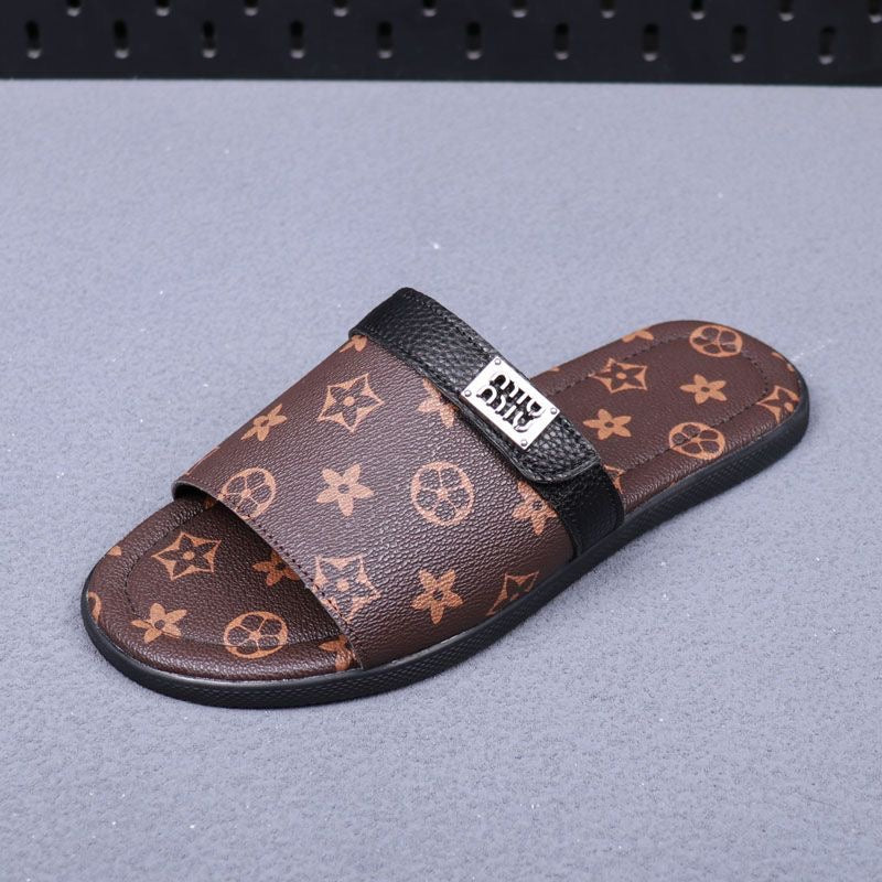 Vintage All-over Print Metal Logo Flat Slide Sandals