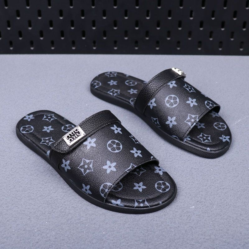 Vintage All-over Print Metal Logo Flat Slide Sandals