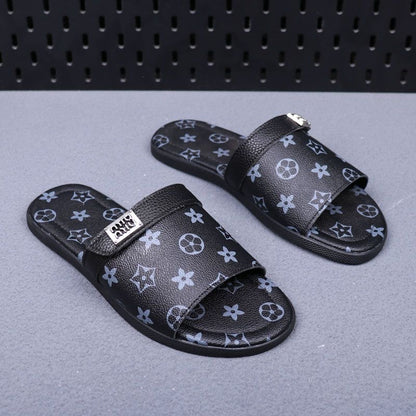 Vintage All-over Print Metal Logo Flat Slide Sandals