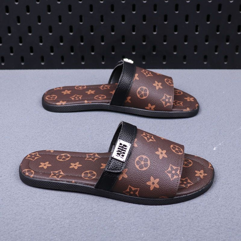Vintage All-over Print Metal Logo Flat Slide Sandals