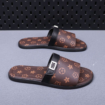 Vintage All-over Print Metal Logo Flat Slide Sandals