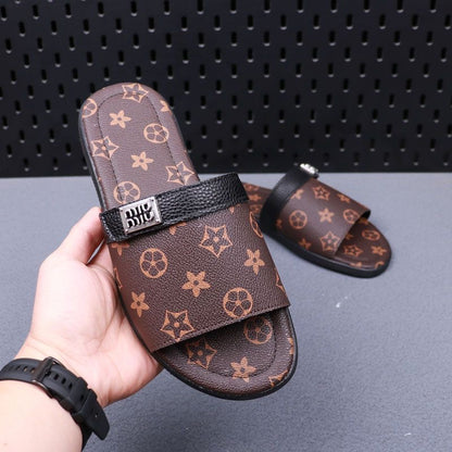 Vintage All-over Print Metal Logo Flat Slide Sandals