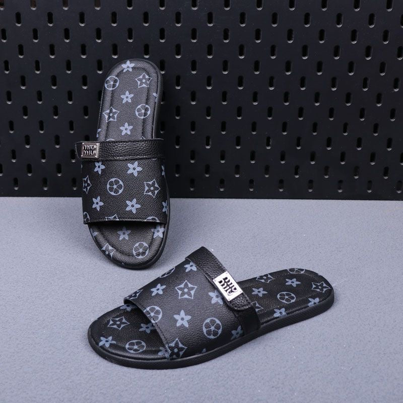 Vintage All-over Print Metal Logo Flat Slide Sandals