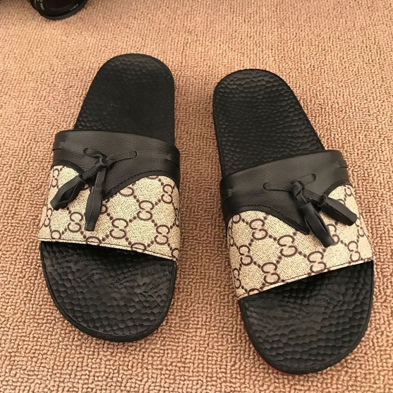 Vintage Check Spliced Tassel Casual Slide Sandals