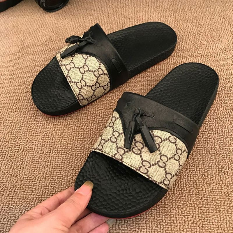Vintage Check Spliced Tassel Casual Slide Sandals