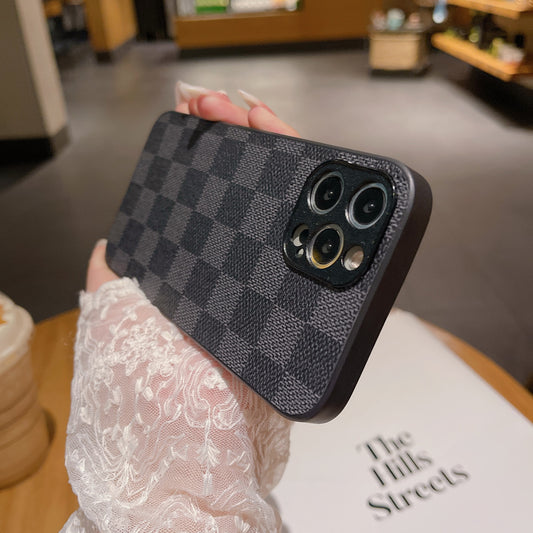 Vintage Checkered Leather Phone Case, Luxury Full Coverage Shockproof Cover