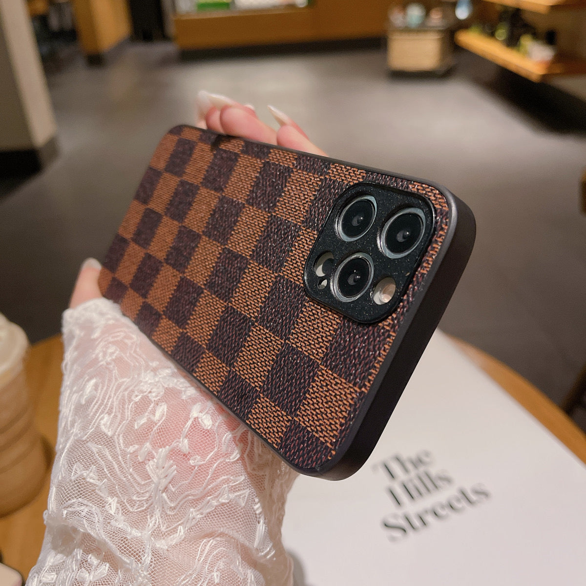 Vintage Checkered Leather Phone Case, Luxury Full Coverage Shockproof Cover