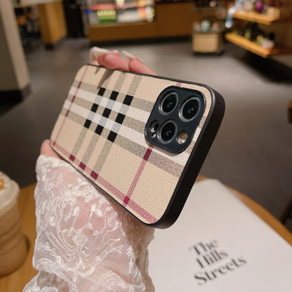 Vintage Checkered Leather Phone Case, Luxury Full Coverage Shockproof Cover