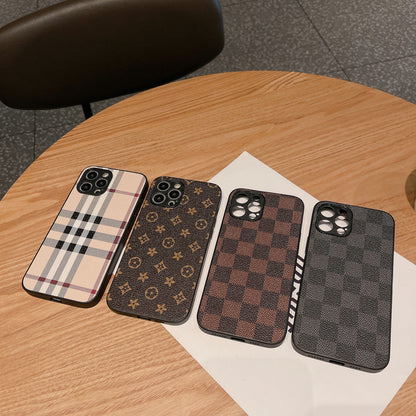 Vintage Checkered Leather Phone Case, Luxury Full Coverage Shockproof Cover