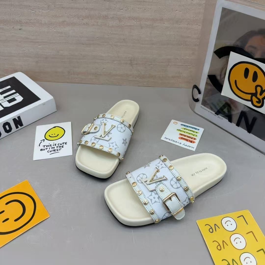 Rivet Buckle Monogram Slide Sandals