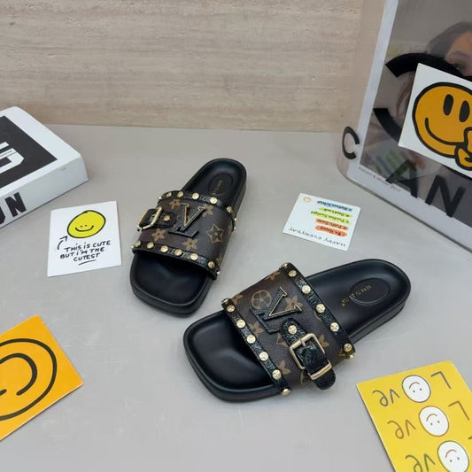 Rivet Buckle Monogram Slide Sandals