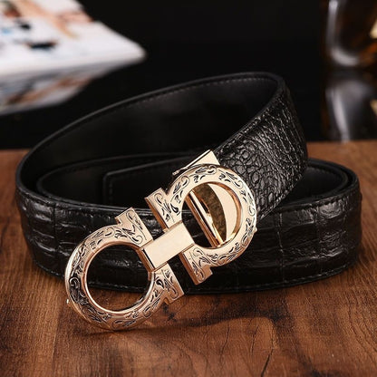 Vintage Engraved Double Ring Buckle Crocodile Grain Leather Belt