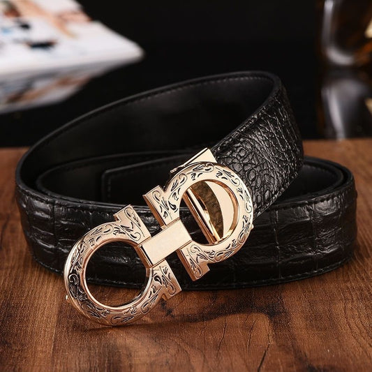 【#A213】Vintage Engraved Double Ring Buckle Crocodile Grain Leather Belt